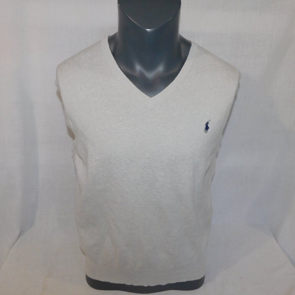Polo Ralph Lauren Gray Blue Pony Prima Cotton V Neck knit Sweater Vest Mens L